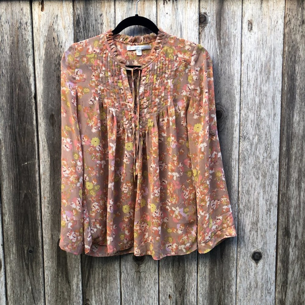 LC Lauren Conrad Abstract Floral Tie Neck Tuxedo Sheer Popover Blouse Size XS